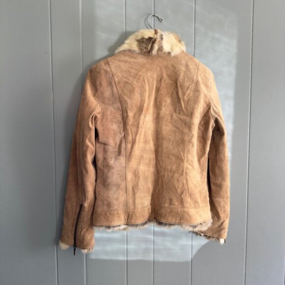 Vintage Suede Fur Trim Jacket Rabbit Collar Cuffs Y2K Mob Wife Boho Chic Medium - Picture 3 of 12